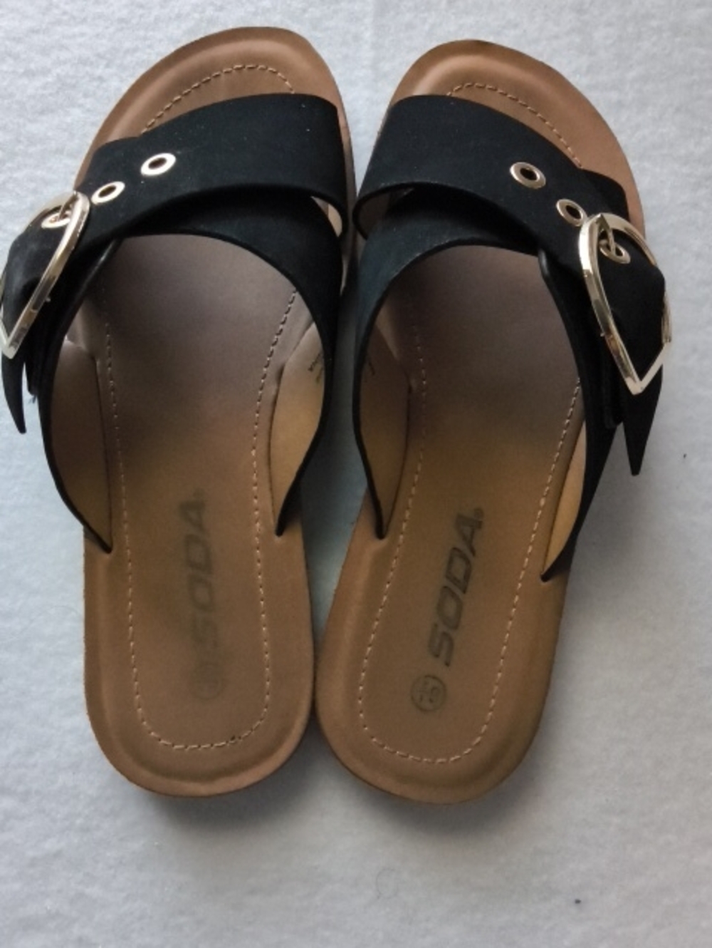 Soda Black Slide Sandals with Gold Buckle